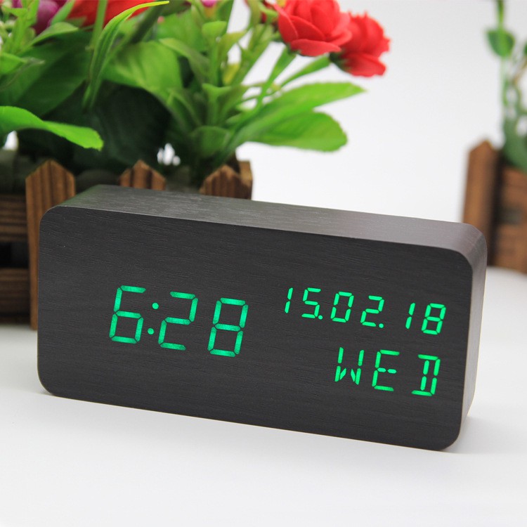 Đồng hồ đèn LED giả gỗ MONSKY BEKON hình chữ nhật tiện dụng đo thời gian, ngày tháng, nhiệt độ phòng.