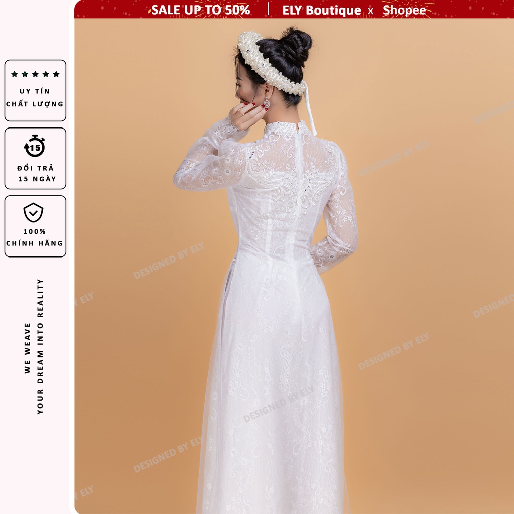 Áo dài cưới truyền thống 3 lớp 6 tà ELY Boutique, áo dài trắng đính kết hạt ELR06