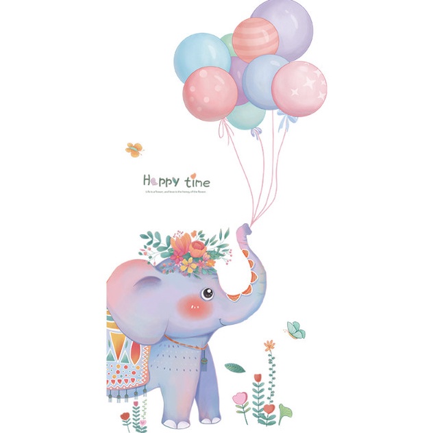 Decal trang trí tường - Chú voi cầm chùm bong bóng chơi