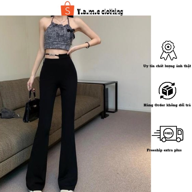 Quần ống loe dáng dài màu đen eo có buộc dây chữ kéo khoá sexy sang trọng hàng quảng châu loại 1 yameclothing có bigszie