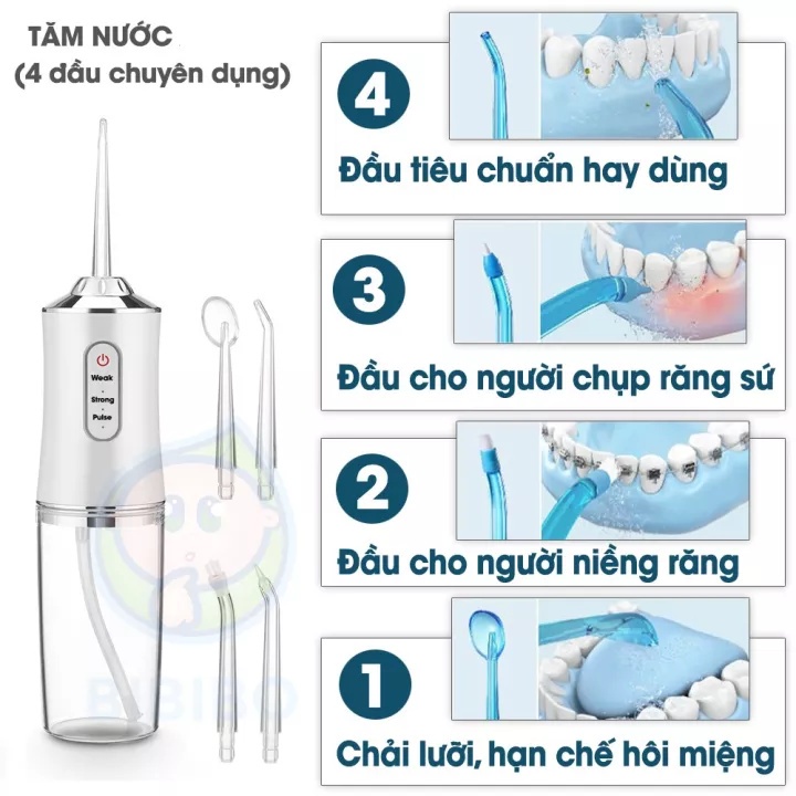 Tăm Nước Oral Irrigator Cầm Ta Máy Vệ Sinh Răng Miệng Sạc Pin Chống Nước Máy Tăm Nước 4 Đầu Chuyên Dụng Làm Sạch Sâu