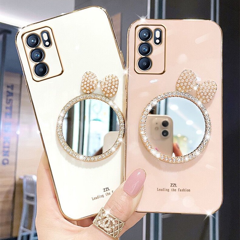 Ốp Điện Thoại Mềm Tráng Gương Trang Điểm Đính Nơ Và Ngọc Trai Cho OPPO Reno6 Reno6 Z 5G Reno6 Pro 5G