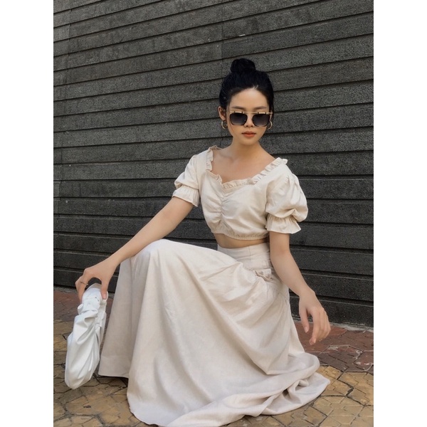 OLALASTUDIO Set linen áo croptop và chân váy dài Eugen Linen Set