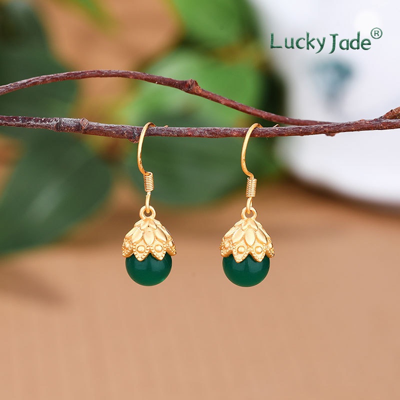 Bông Tai Mạ Vàng 18K Đính Ngọc Lục Bảo Màu Đỏ Phong Cách Cổ Điển Thời Trang Cho Nữ