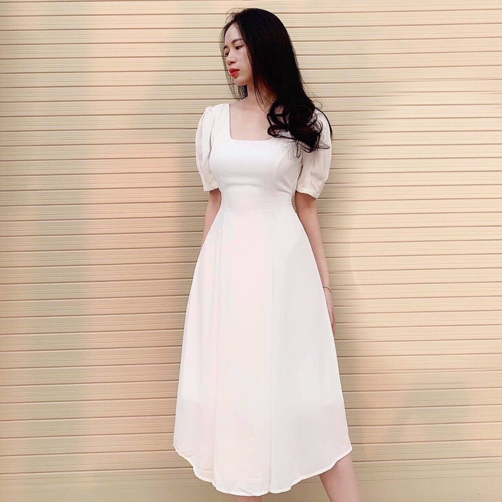 DM470 - Đầm Maxi Trắng Cổ Vuông Phối Tay Phồng | BigBuy360 - bigbuy360.vn