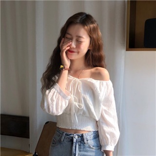 Áo trễ vai croptop tay phồng tay lỡ thắt nơ