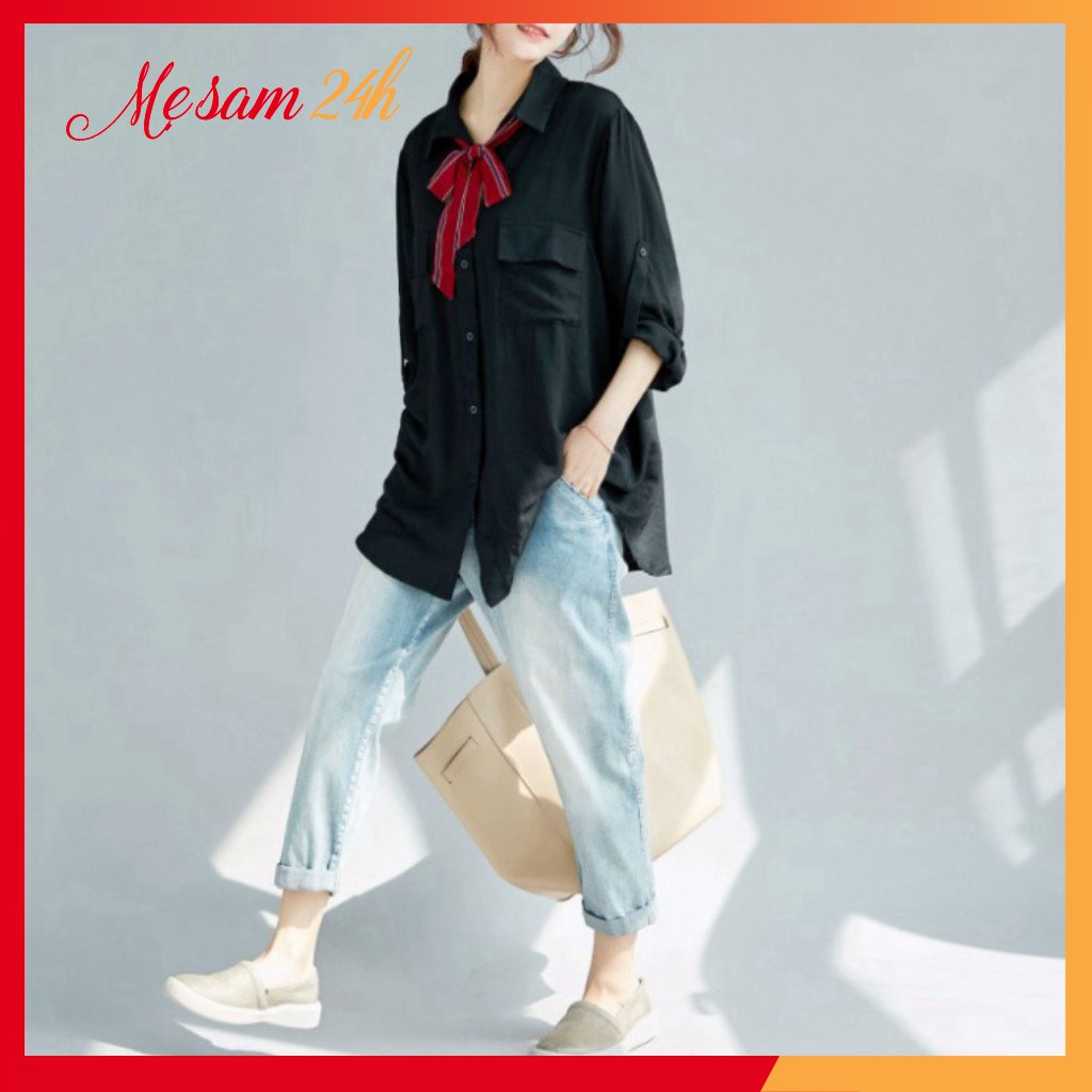 Áo sơ mi nữ dài tay form rộng, sơ mi đũi Mẹ Sam 24h, chất liệu mềm mát, size từ 40 đến 85kg SMH.47