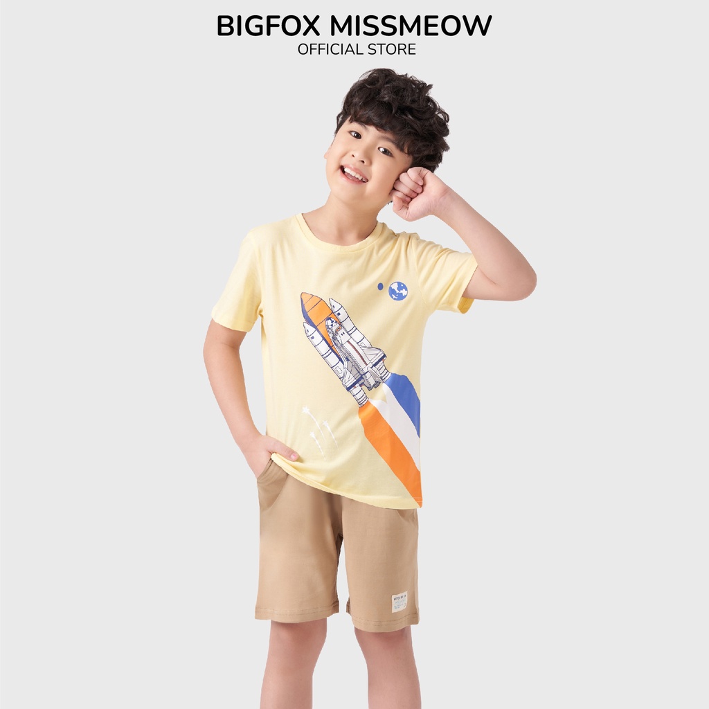 Bộ thun bé trai cộc tay Bigfox – Miss Meow chất cotton hình in tên lửa từ 11 - 40kg VNXK