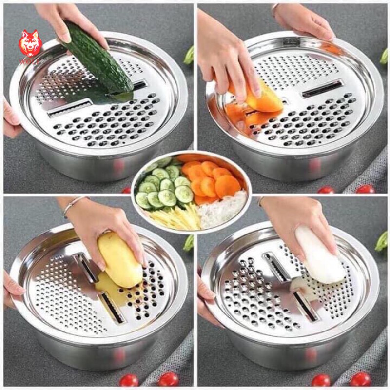 Bộ Rổ Nạo Rau Củ Inox Kèm Chậu Đa Năng 3 Trong 1 Siêu Tiện Dụng