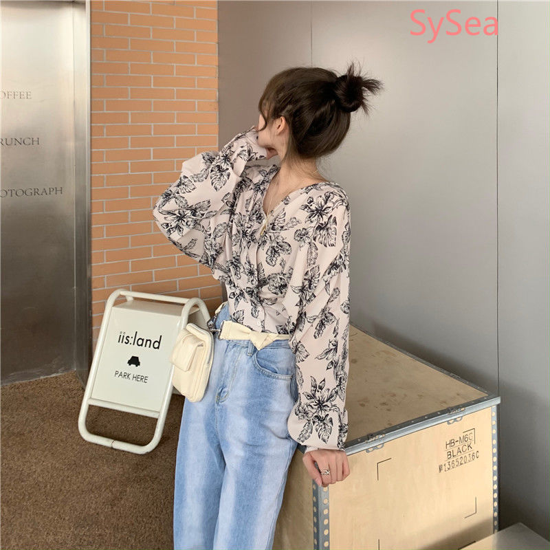 Áo Sơ Mi Tay Dài Cổ Chữ V Họa Tiết Hoa Phong Cách Retro