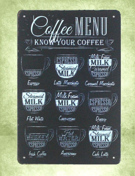 Coffee menu know your coffee tin metal sign reproductions（20x30cm）