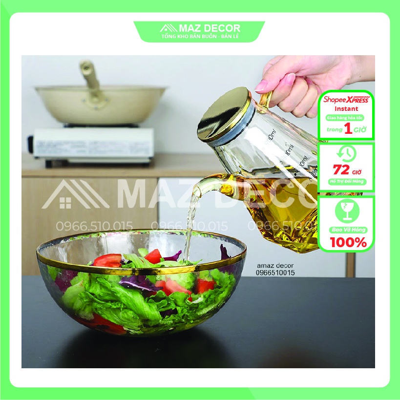 Giá sỉ Chai lọ bình nắp vàng inox 304 đựng dầu ăn, nước tương, nước mắm thủy tinh chia vạch chịu nhiệt độ cao 500ml