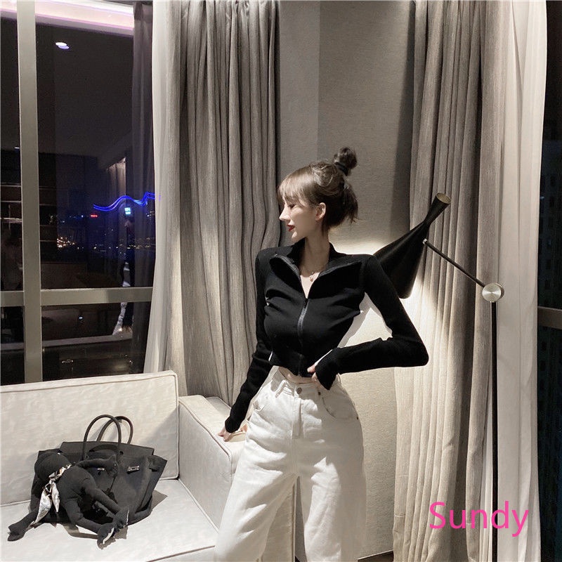 Áo Cardigan Dệt Kim Tay Dài Cổ Cao Có Khoá Kéo Nhiều Màu Sắc Thời Trang Mùa Thu Cho Nữ