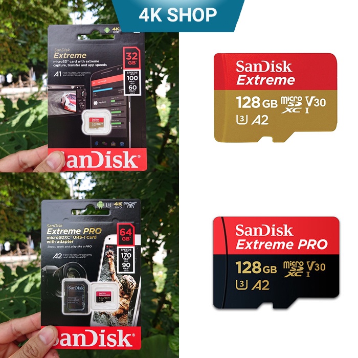 Thẻ nhớ Micro SD Sandisk 32G 64G 128G Extreme và Extreme Pro V30 U3 tốc độ cao quay phim 4k