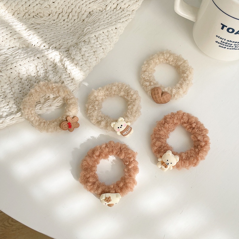 Dây cột tóc gắn họa tiết hoạt hình 3D cute trơn màu chất liệu lông bền chắc PK743