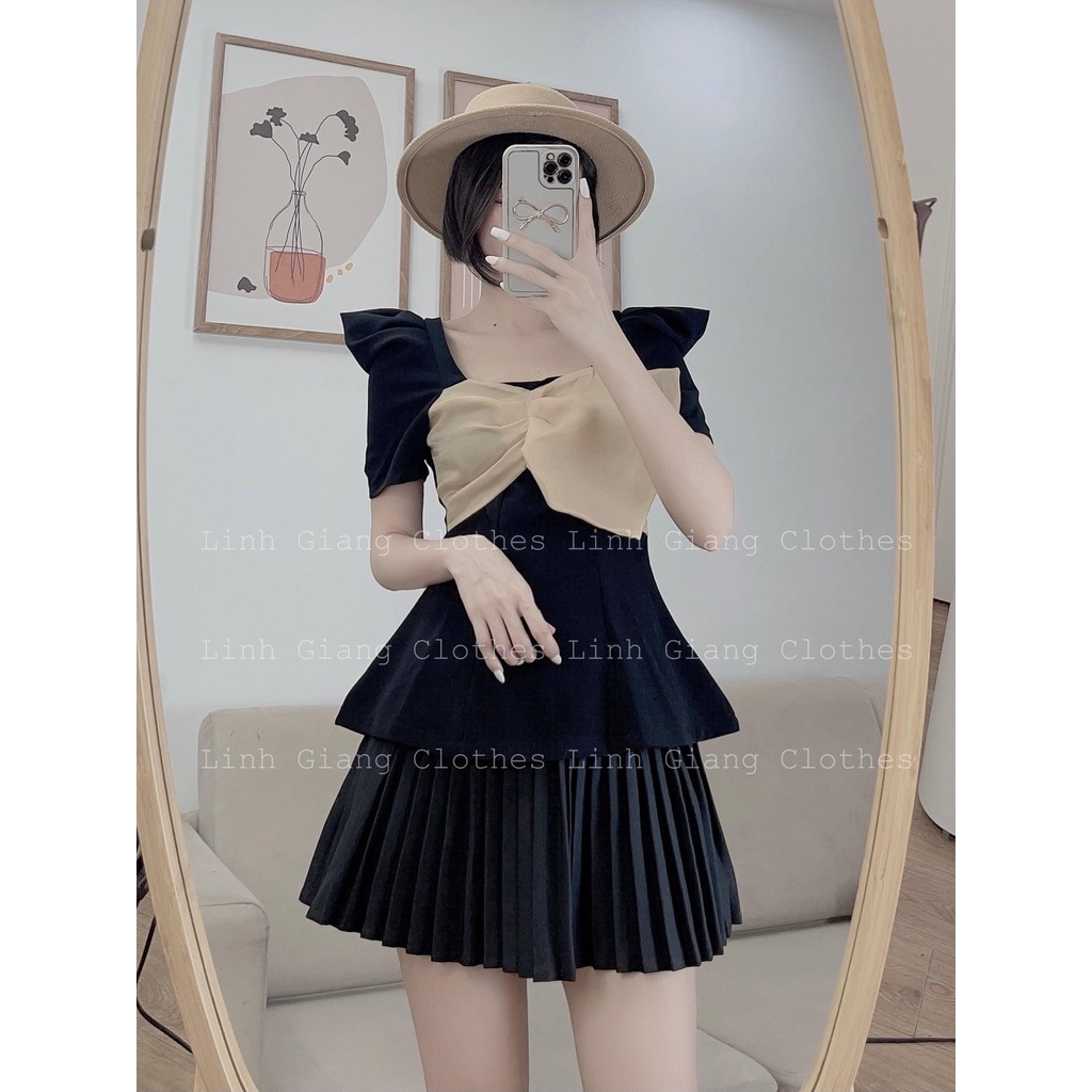 Set Áo Tay Phồng Nơ Mix Chân Váy Dập Ly Phong Cách