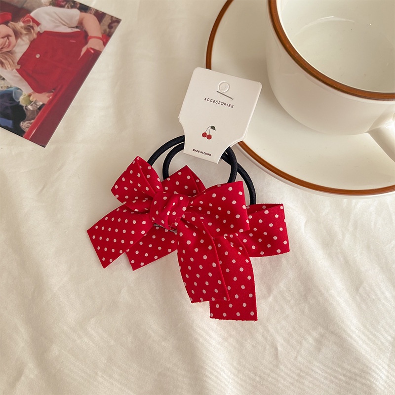 Bộ 2 dây buộc tóc đính nơ màu đỏ đơn giản phong cách Hàn Quốc
