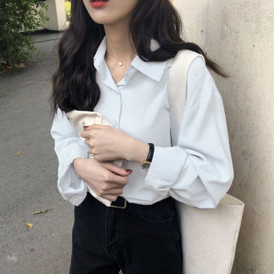 COZOK Áo sơ mi chiffon COZOK dáng rộng màu trơn phong cách thời trang Hàn Quốc