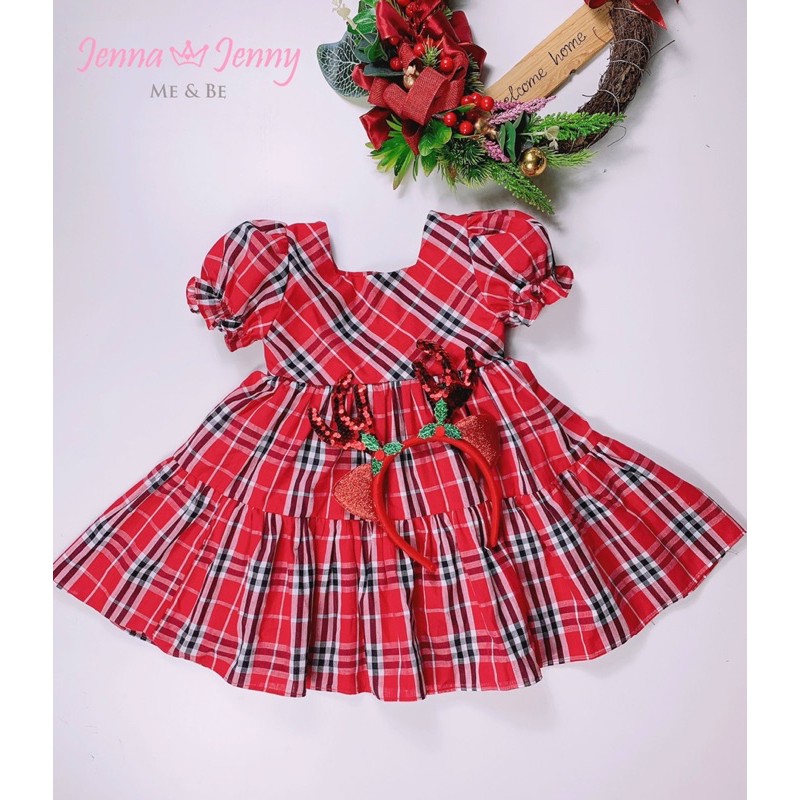 Đầm đỏ caro kẻ noel tết cho bé gái