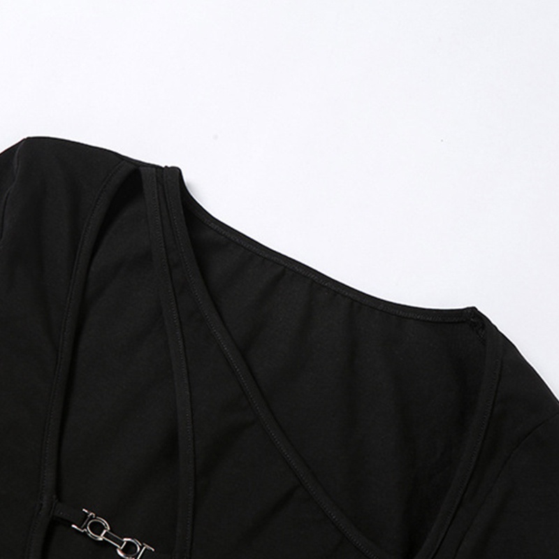 Brroa Áo Croptop Tay Dài Dáng Ôm Co Giãn Khoét Rỗng Không Đối Xứng Màu Đen Phong Cách Harajuku Quyến Rũ Cho Nữ