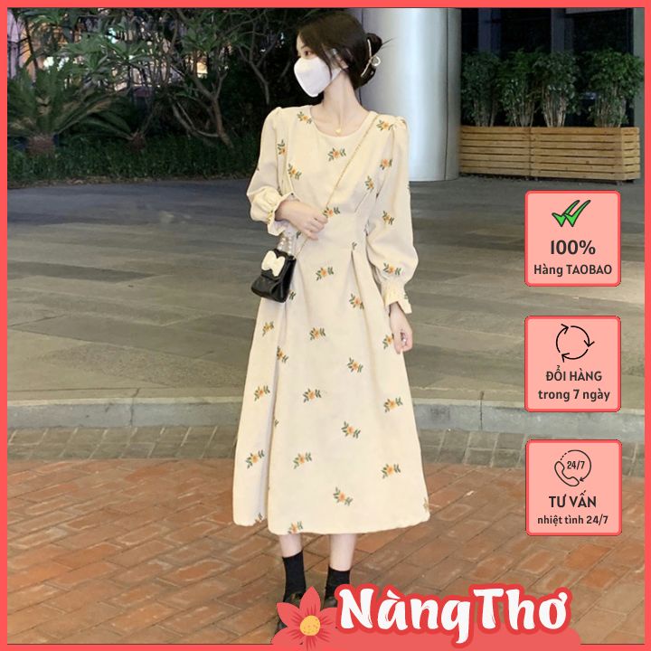 Váy Nhung Tay Bồng, Bo Eo Nhẹ Thêu Họa Tiết Hoa Dễ Thương, Thích Hợp Diện Tết 2022