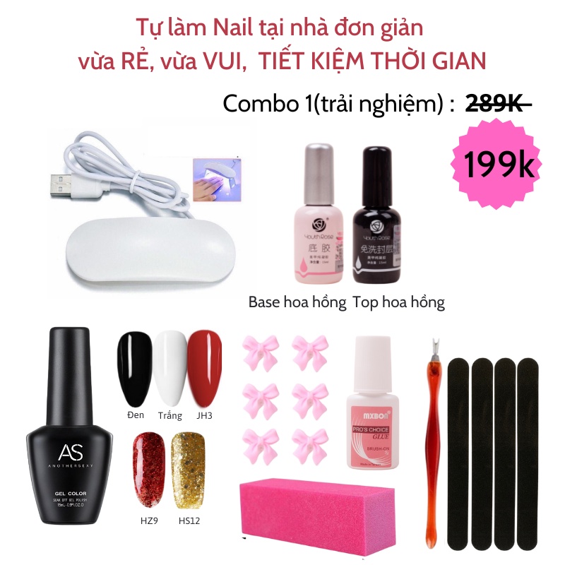 Bộ làm móng tự làm nail tại nhà (sơn gel AS + base top + phụ kiện nail) VUA SƠN AS 15ml