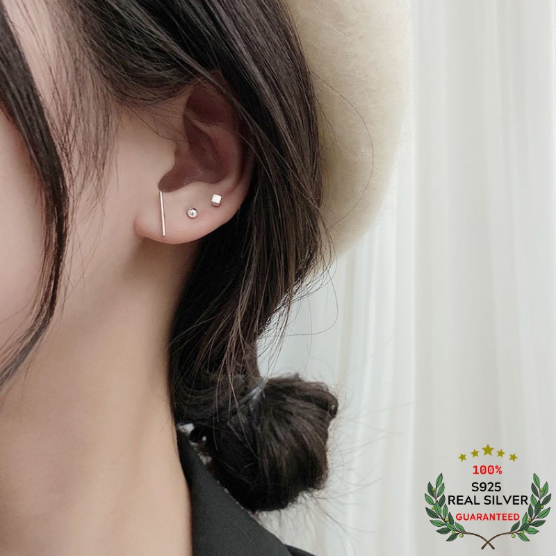 Bông Tai Bạc S925 Bộ 3 Khuyên Tai Hình Học Mini Trẻ Trung Cá Tính | Khuyên Tai Unisex Trang Sức Bạc Thời Trang