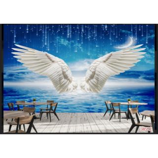 Tranh dán tường 3D đôi cánh thiên thần quán cafe, trà sữa có keo sẵn KT 120x80cm