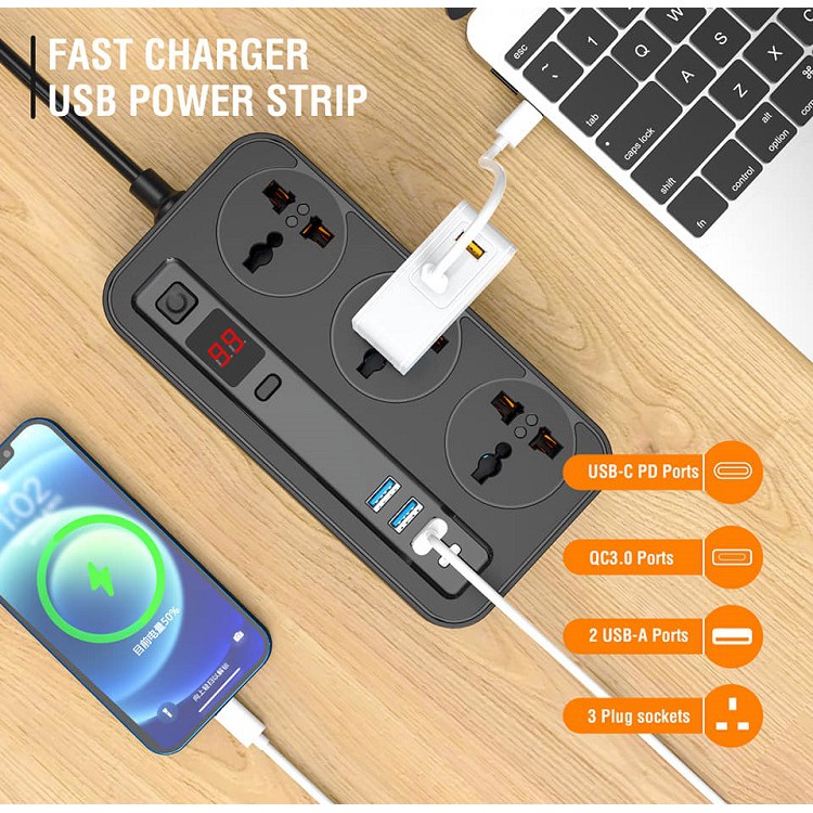 Ổ Điện Chính Hãng Aspor A505-PD, Sạc Nhanh USB C-PD 20W - Có Hẹn Giờ - Chống Cháy Nổ - Dây Dài 2m