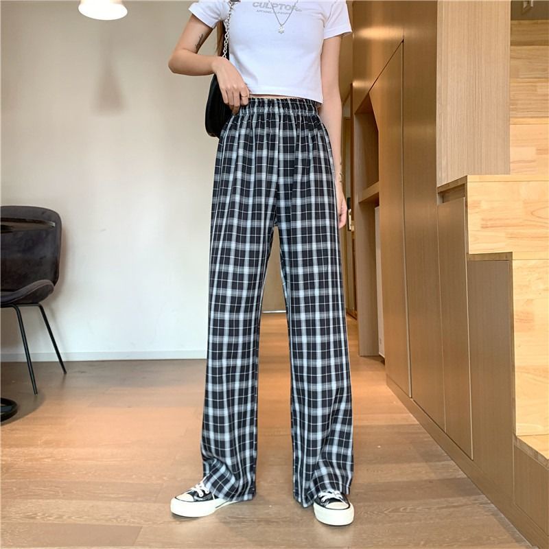 Quần Dài Ống Rộng Họa Tiết Sọc Caro Màu Tương Phản Thời Trang Phong Cách Hàn Quốc Size S-4xl