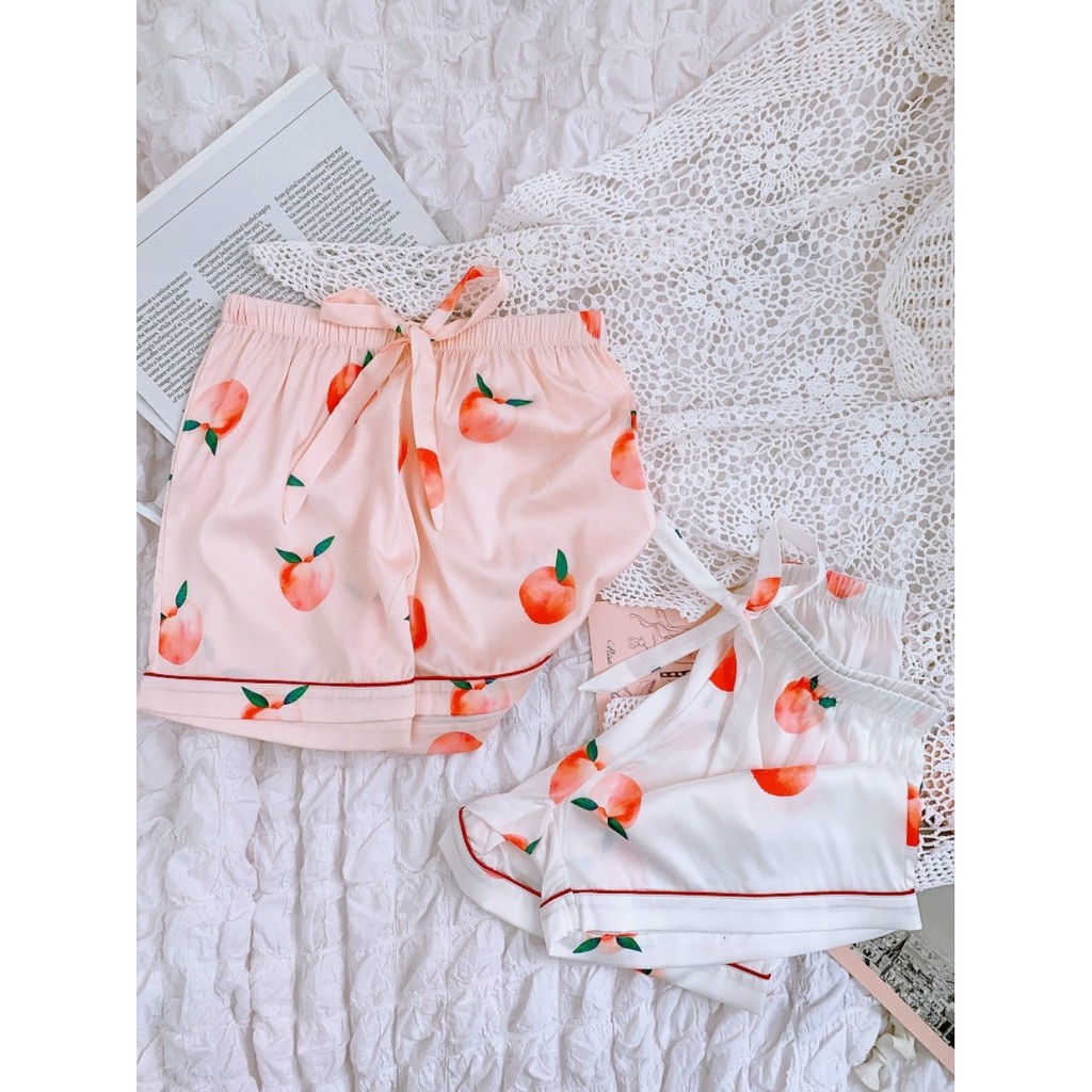 Bộ đồ ngủ mặc nhà lụa satin cao cấp chất mát hoạ tiết trái cây 4 màu mùa hè 2021 | BigBuy360 - bigbuy360.vn