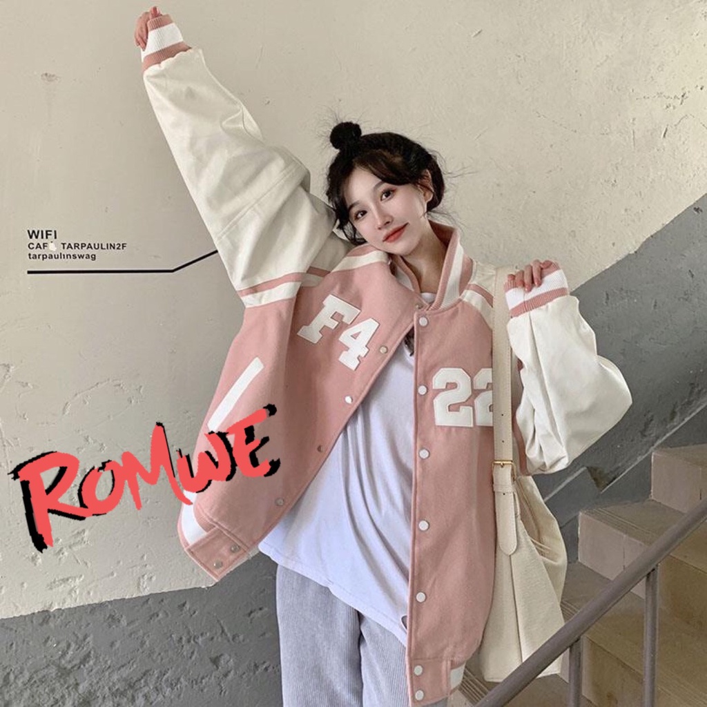 Áo khoác bomber jacket romwe phối tay F4 form rộng chất nỉ cotton dày mặc thu đông