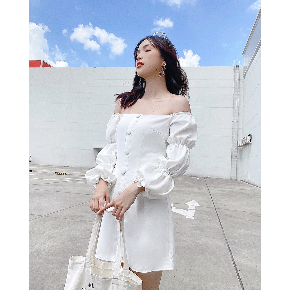 [Mã SKAMSALEP6 giảm 10% tối đa 100K đơn 150K] Đầm bẹt vai MIEU 3 búp màu trắng - FM34 | BigBuy360 - bigbuy360.vn