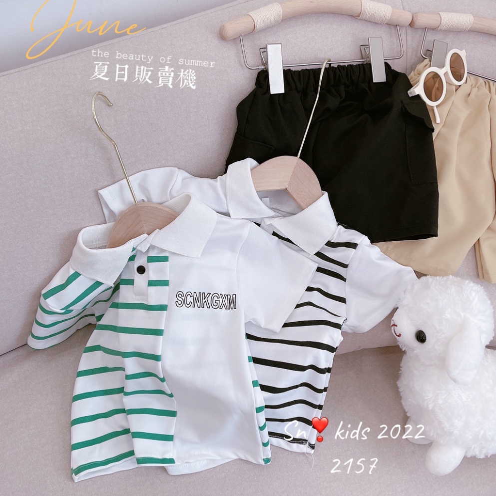 Quần áo mùa hè bé trai,  Bộ quần áo có cổ sọc kẻ nửa thân cá sấu cho bé size 10-30kg