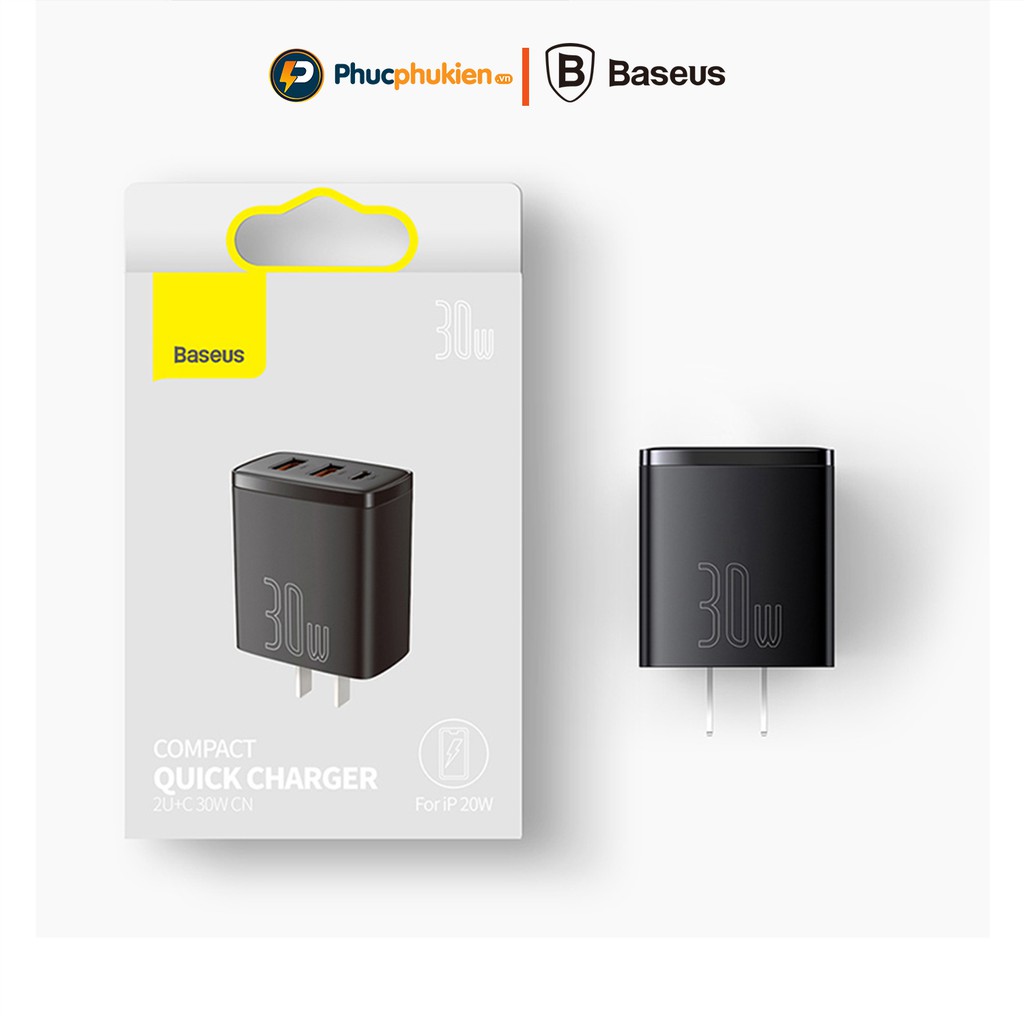 Củ sạc nhanh 30w 3 cổng Baseus Compact sạc nhanh chuẩn QC3.0 và PD3.0 - Phúc Phụ Kiện Bảo hành 12 tháng 1 đổi 1