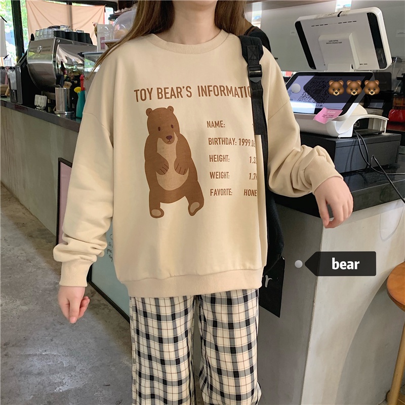 SUXI Áo Sweater Cổ Tròn Tay Dài Dáng Rộng In Hình Gấu Thời Trang