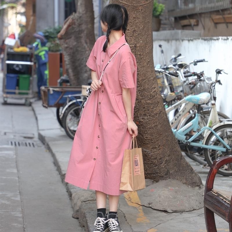 Đầm Sơ Mi Cổ Polo Cài Khuy Màu Hồng Kiểu Nhật Bản Thời Trang Mùa Hè Mới Cho Nữ