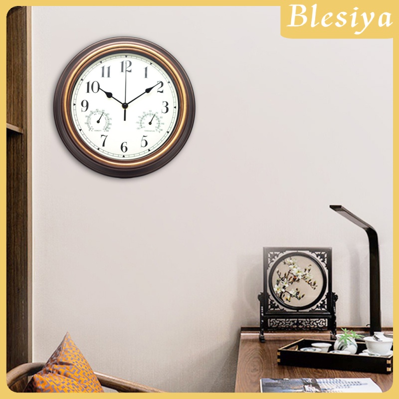 [BLESIYA]Silent 12 Inch Wall Clock with Thermometer and Hygrometer Display, Non Ticking Quartz Sweep Movement Battery Operated Modern Style for Home, Office