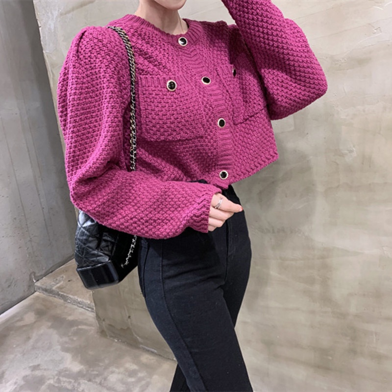 Áo khoác cardigan dệt kim cổ tròn tay phồng thiết kế hai túi có cài nút thời trang cho nữ | BigBuy360 - bigbuy360.vn