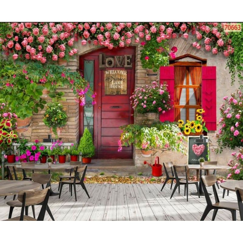 Tranh dán tường 3D trang trí quán cafe, trà sữa, trà chanh, quán xá, cửa hàng có keo sẵn