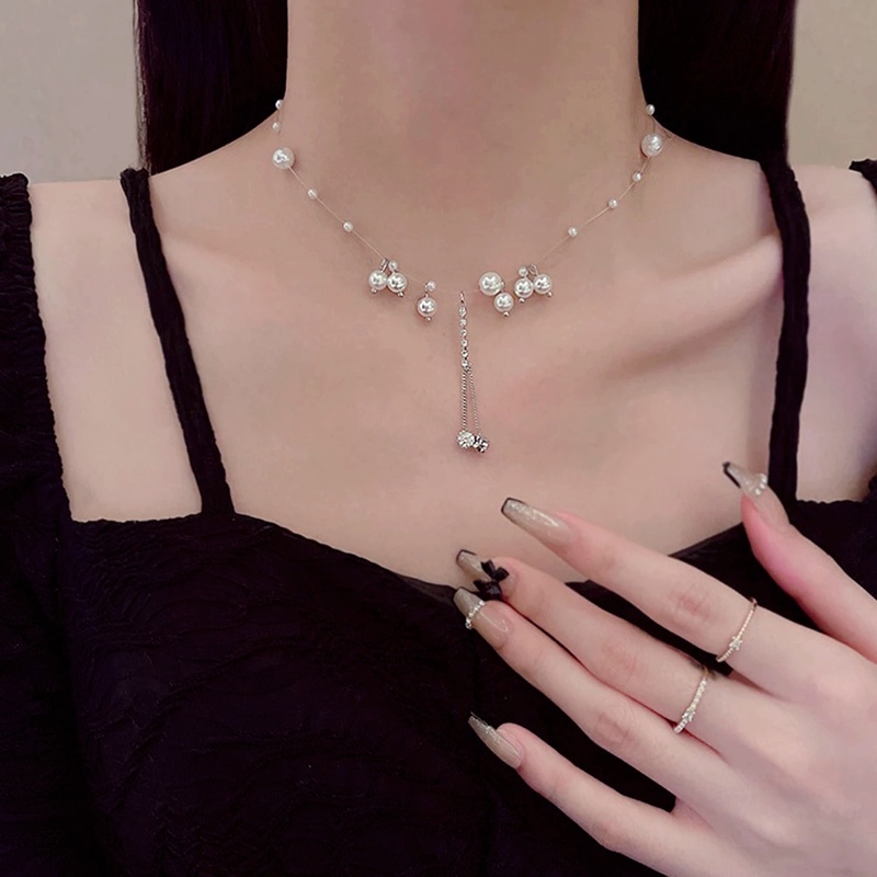 Vòng Cổ/Dây Chuyền Ngọc Trai Đính Đá Pha Lê Phối Tua Rua Thời Trang Sang Trọng