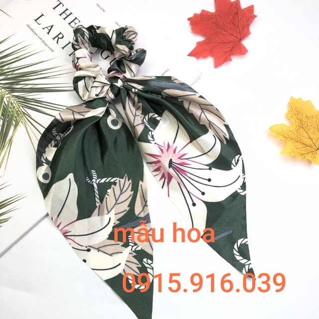 Dây Cột tóc vải Scrunchies thắt nơ dài họa tiết