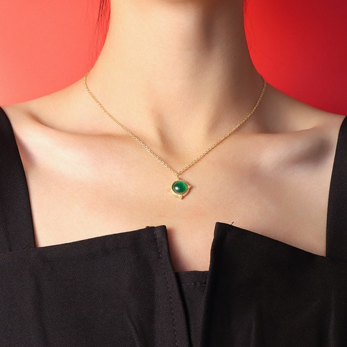 Dây Chuyền Mặt Đá Nhân Tạo Màu Xanh Lá Thép Titan Ko Rỉ TT 3605