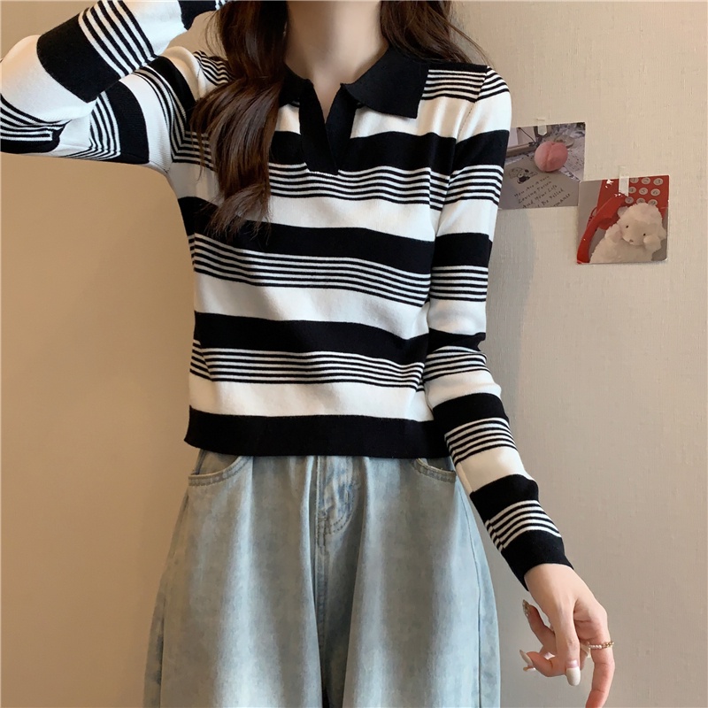 【ZHELIHANGFEI】Áo Thun POLO Dệt Kim Tay Dài Dáng Rộng Họa Tiết Kẻ Sọc Dễ Phối Đồ