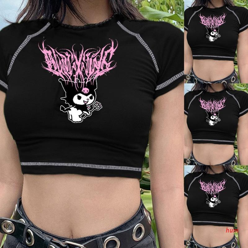 Áo Thun Croptop Tay Ngắn Cổ Tròn In Họa Tiết Hoạt Hình Và Chữ Phong Cách Harajuku Cho Nữ