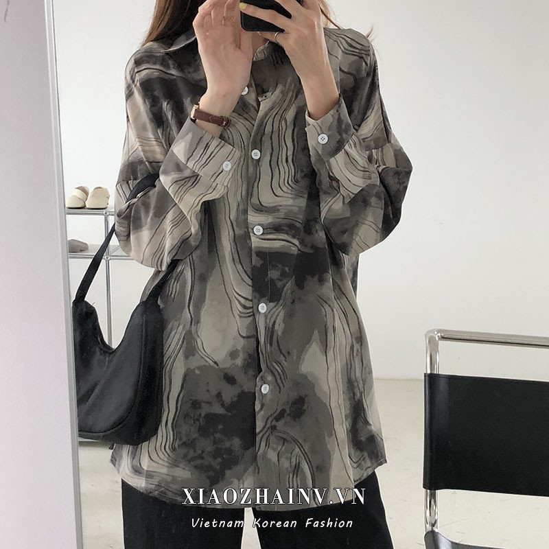 Áo sơ mi XIAOZHAINV vải voan tay dài dáng rộng họa tiết phong cách vintage cổ điển