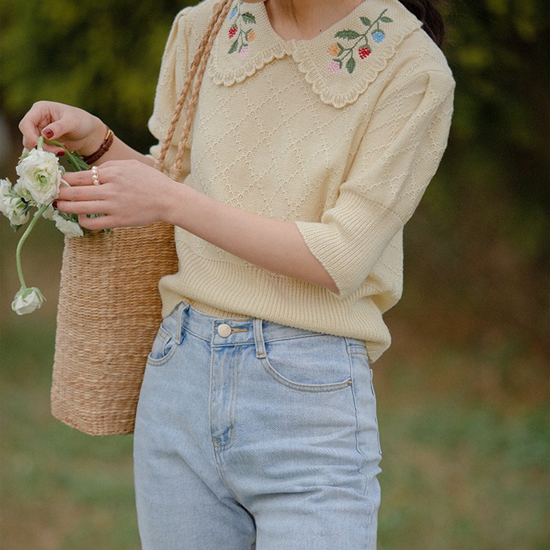 Áo dệt kim mỏng Ielgy cổ búp bê phong cách Pháp thời trang mùa hè dành cho nữ