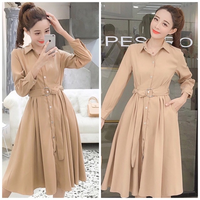 Đầm váy sơ mi kem tay dài kèm belt