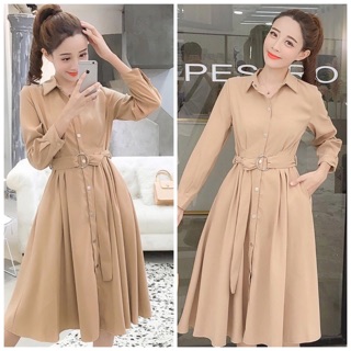 Đầm váy sơ mi kem tay dài kèm belt