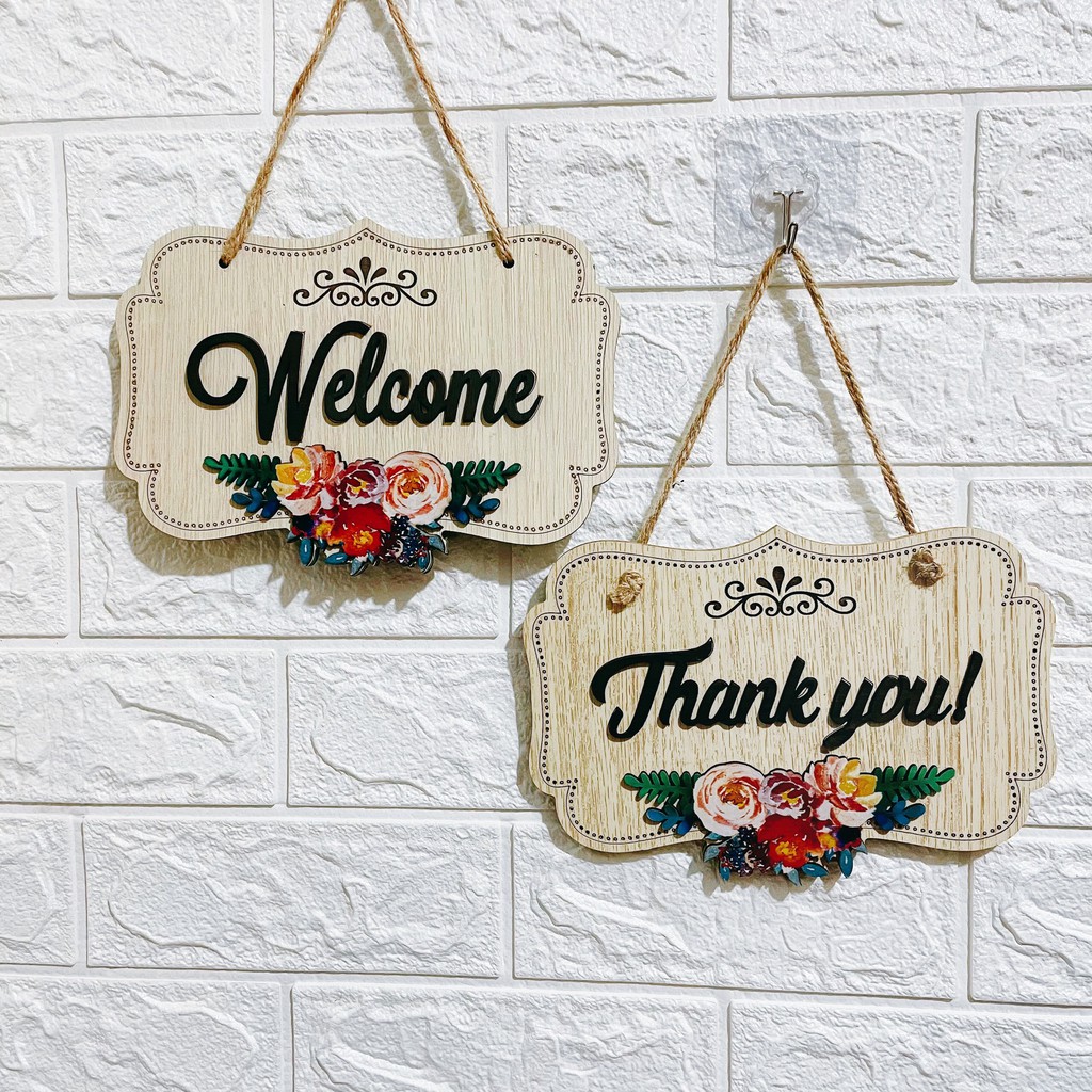 Bảng gỗ trang trí, décor, treo tường OHAY – Biển 2 mặt : Welcome - Thank you (Tặng móc treo)